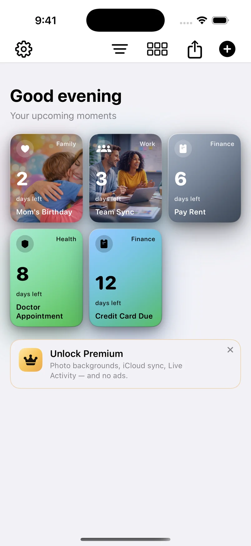 Countdown app showing upcoming birthdays, bills and events