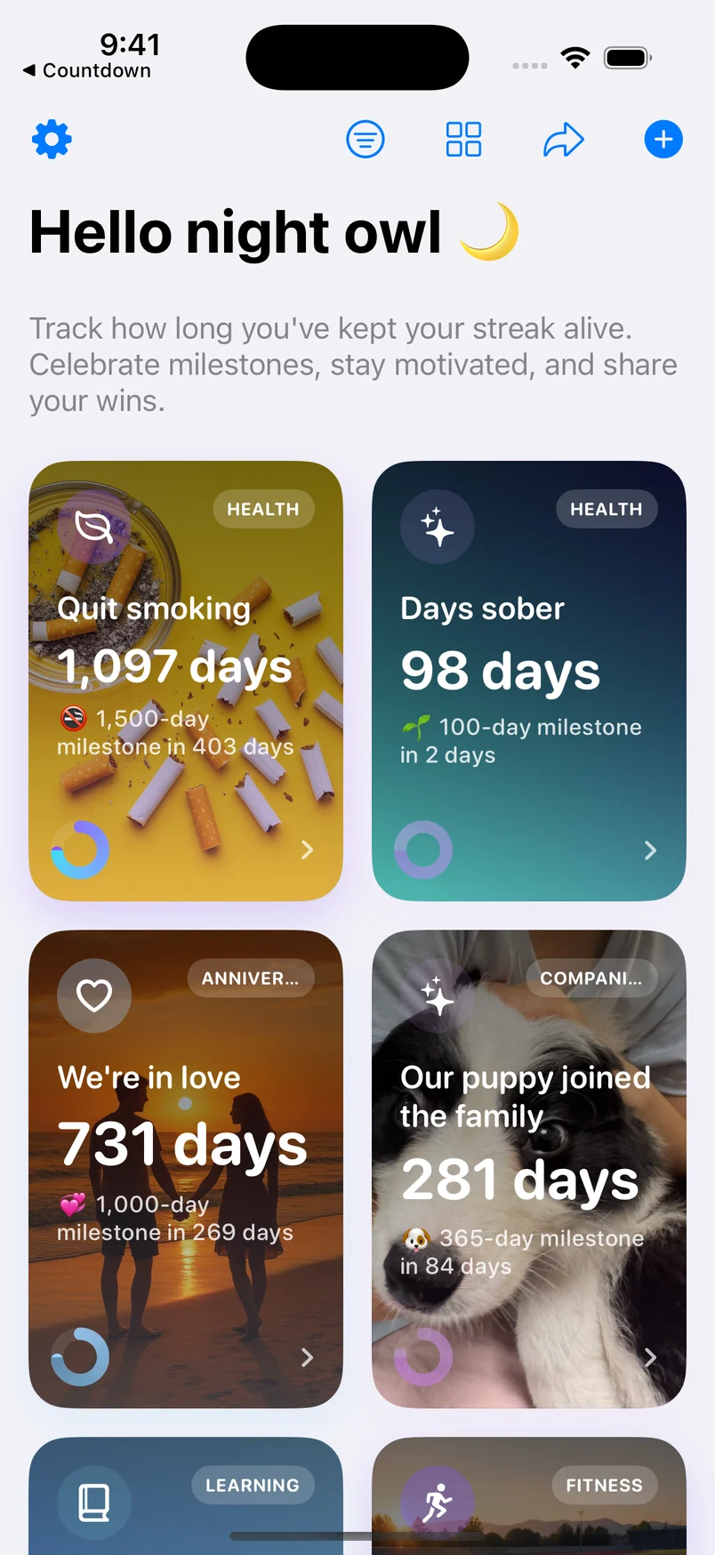 Daystreak app showing days since meaningful moments
